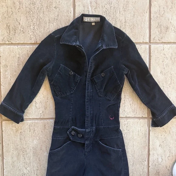 VTG STUSSY Womens XS Black Corduroy Jumpsuit Flare Leg Y2K Baddie 3/4 Sleeve Zip